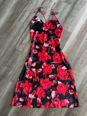 Vtg Victoria’s Secret Luxe Satin Slip Maxi Dress Black Rose Floral Backless Sz L